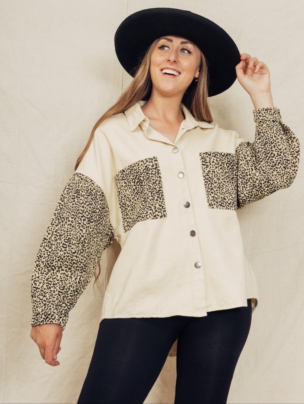 POL Womens Classic Casual Cream Leopard Print Color Block Oversized Shacket Med